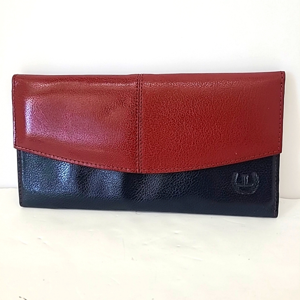Women's Genuine Leather Tri-Fold Wallet Black/Maroon